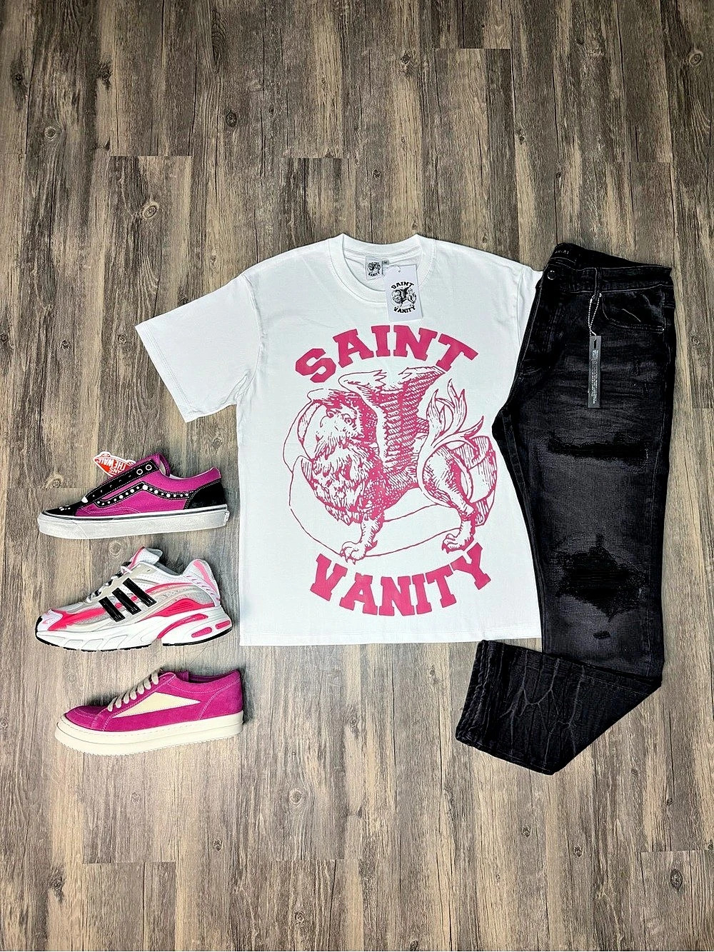 Saint Vanity Griffin Tee White/Pink, Amiri Jeans and vans, Adidas, or Rick Owen’
